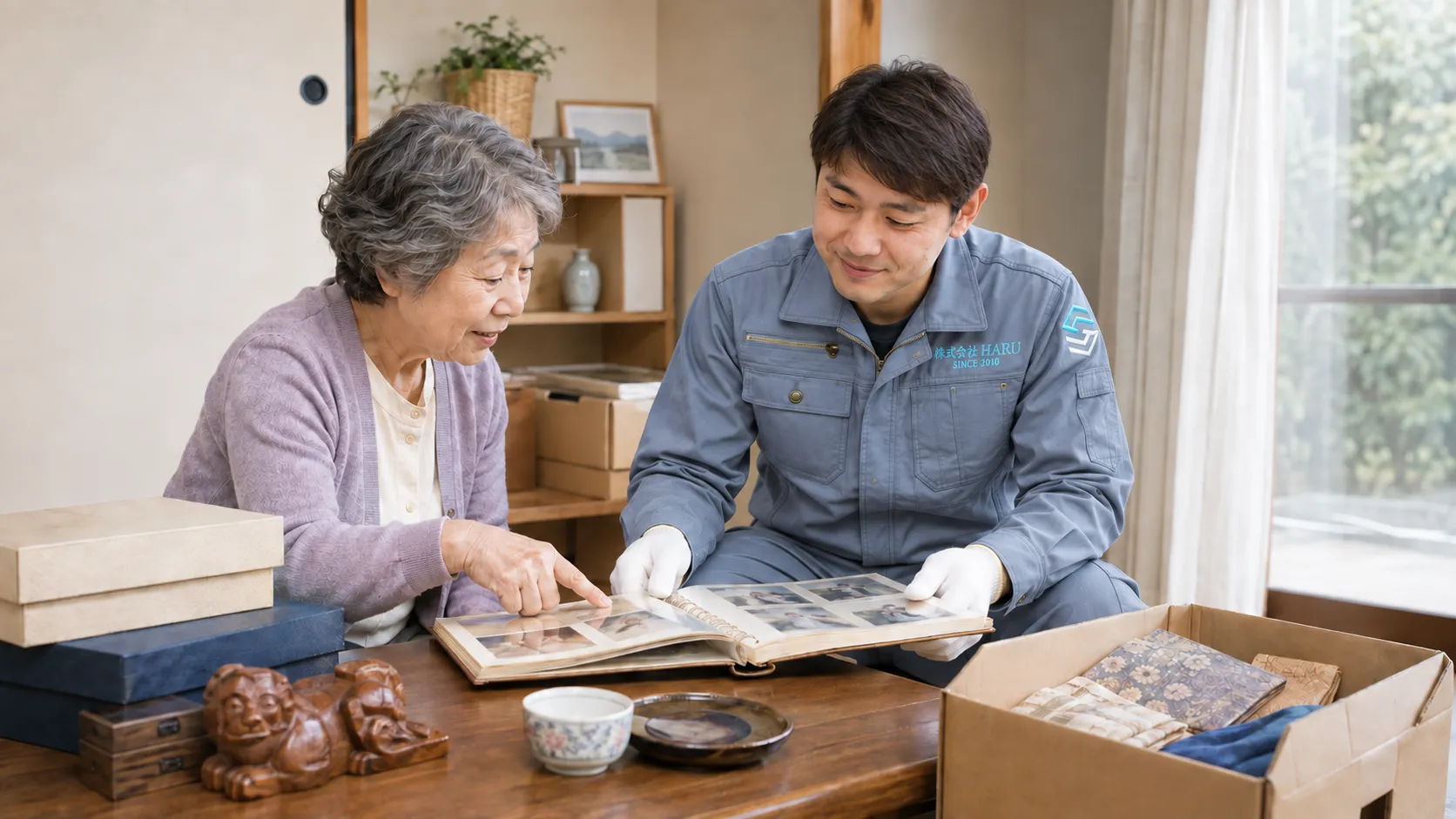 ご家族と一緒に思い出の品を確認するイメージ